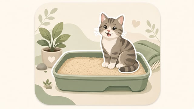 Illustration einer Katze neben einem Katzenklo mit Streu