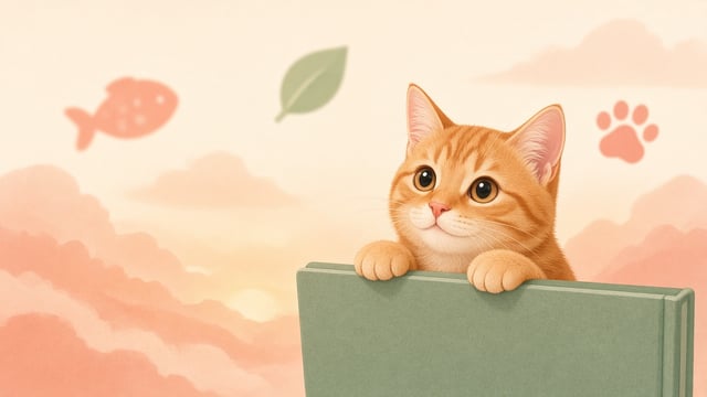 Illustration einer orangefarbenen Katze, die über ein grünes Buch schaut, vor weichen Pfirsichwolken mit Fisch-, Blatt- und Pfoten-Symbolen